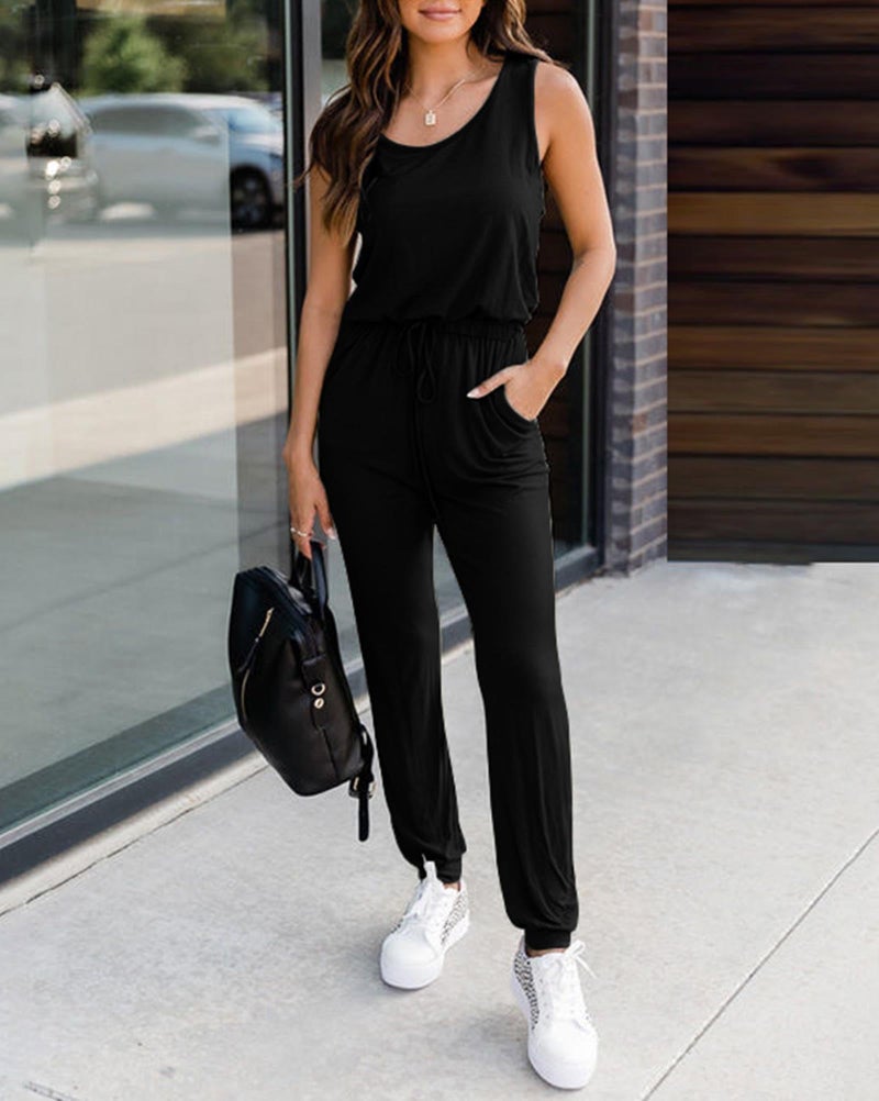 KIRUNDO Women 2026 Summer Jumpsuits Casual Sleeveless Drawstring Elastic Waist Romper Vacation Cruise Airport Travel Outfits(Black, XX-Large) - Image 3